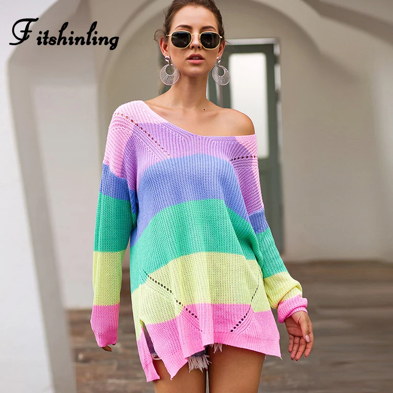 Fitshinling Радуга полосатый длинный свитер Femme Pull V шеи приталенные пуловеры осень зима свитера с длинными рукавами женские джемперы распродажа