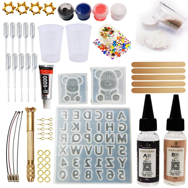 QIAOQAIO DIY Epoxy Resin Gummy bear with letters Molds Jewelry Making Tool Kit With Resin AB Glue key chain  kit DIY gift