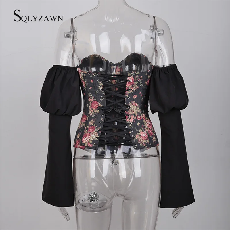 Женский винтажный корсет с открытыми плечами черный облегающий длинными