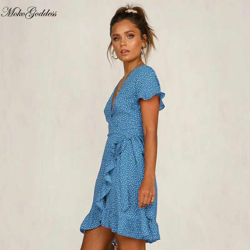 

Moko Goddess Summer Short Fashion Ruffles Print Dress Women Casual Butterfly Sleeve V-Neck High Waist Lace Up Dress 2020 New