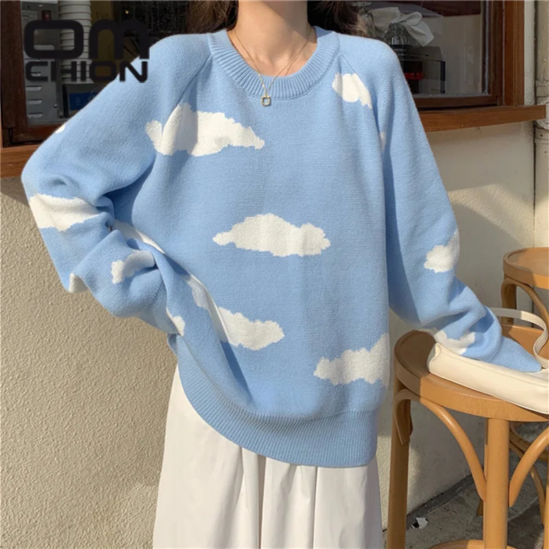 

OMCHION Women's Sweaters And Pullovers Lazy Wind Loose White Cloud Print Knitted Top For Female Korean College Fashion Jumper
