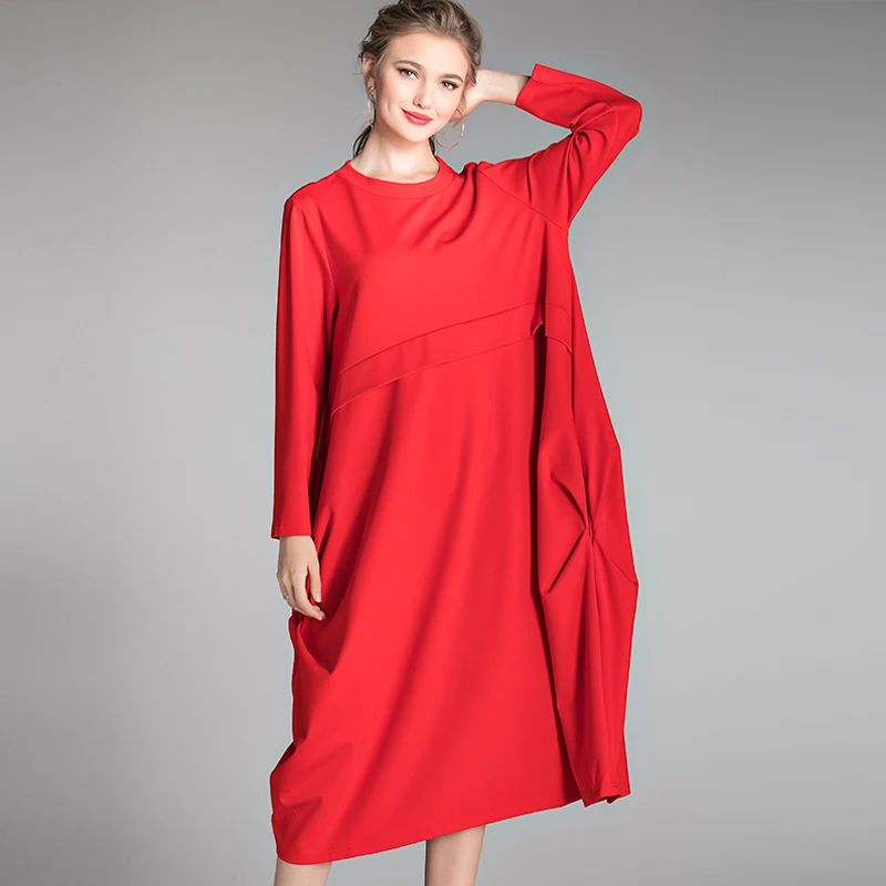 

Women Loose Basic Dress Winter Autumn Plus Size 2020 Red Black Long Sleeve ALL Match Party Elegant Winter Dresses