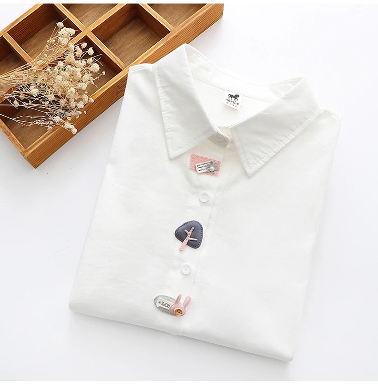 2021 Spring New Women Casual Appliques Cotton White Shirt Long Sleeve Short Blouse Autumn Solid Cute Sweet Girl Tops T0D001F silk blouses