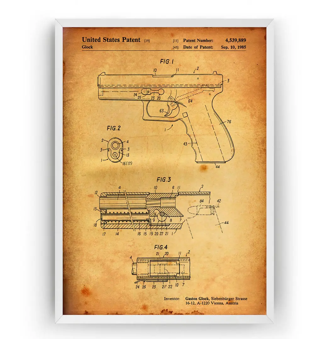 Винтажный патентный пистолет Glock 1985 настенный военный каркас плакат холст печать