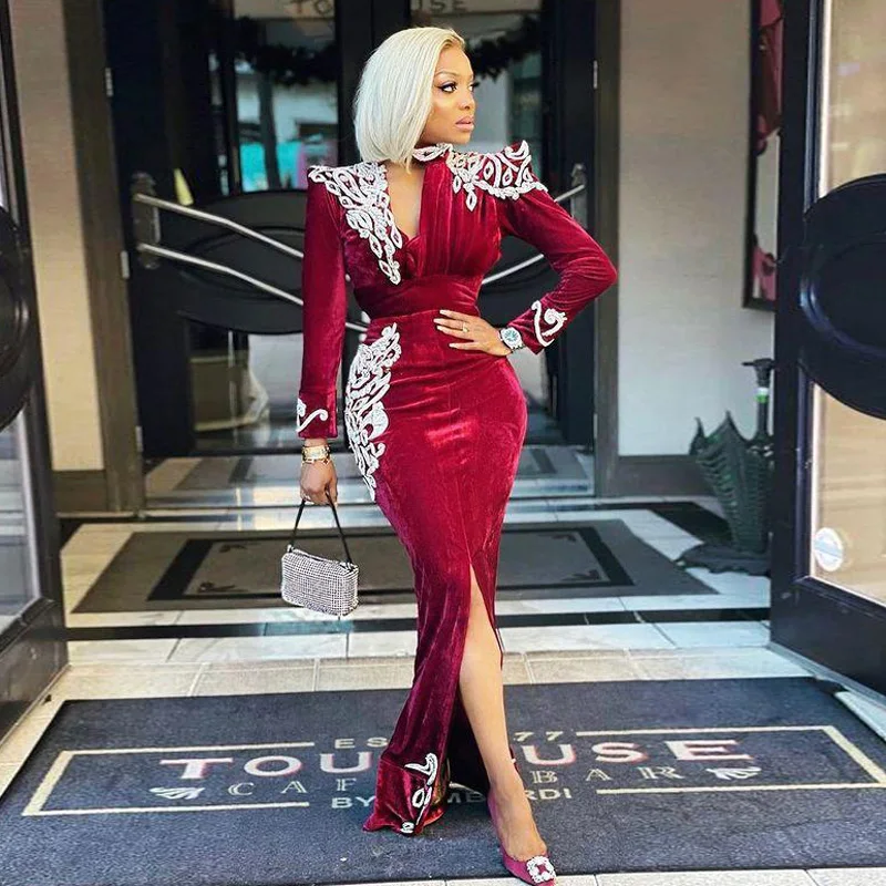 

Modern Front Split Prom Dresses Full Sleeve Velvet Evening Party Gowns White Lace Appliques Mermaid Special Occasion Dress