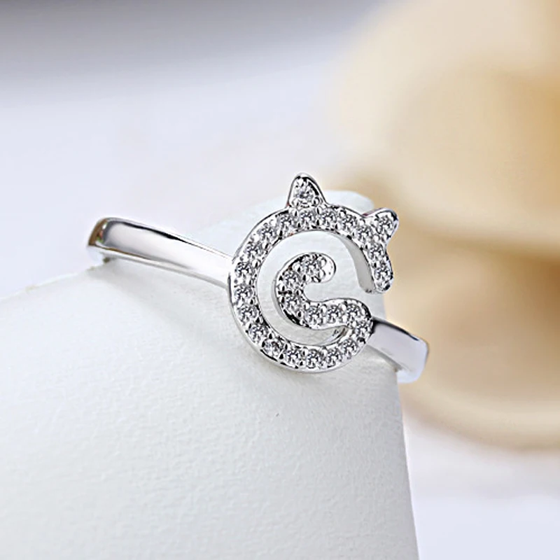 Hot Fashion 925 Sterling Silver Cute Cats Rhinestone Rings Open Resizable Elegant Cat Pattern Ring For Women&ampGirl Jewelry Gift |