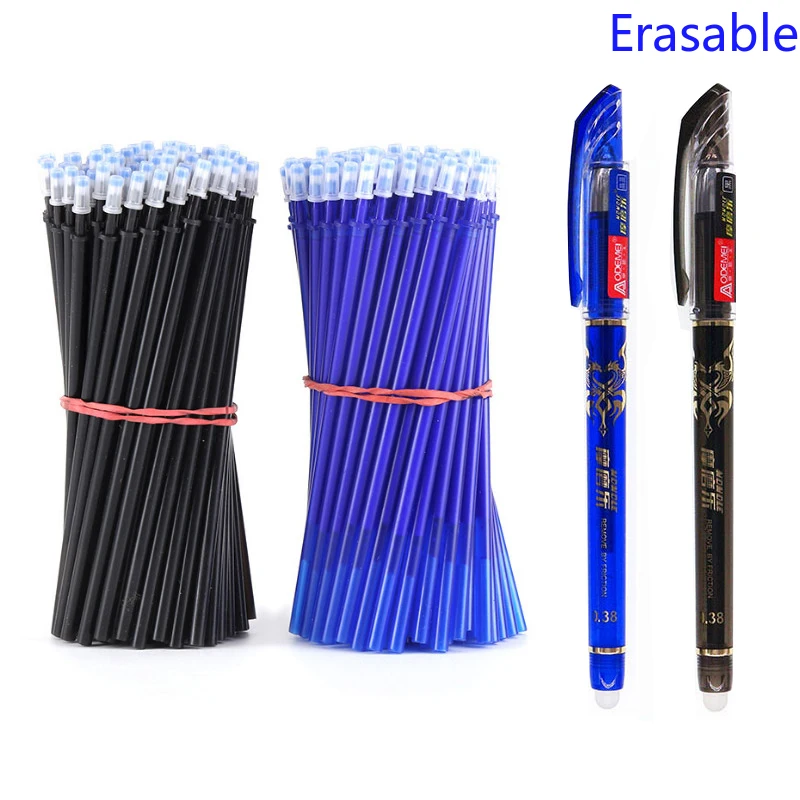 

2+50Pcs/Set 0.5mm Blue Black Ink Gel Pen Erasable Refill Rod Erasable Pen Washable Handle School Writing Stationery Gel Pens