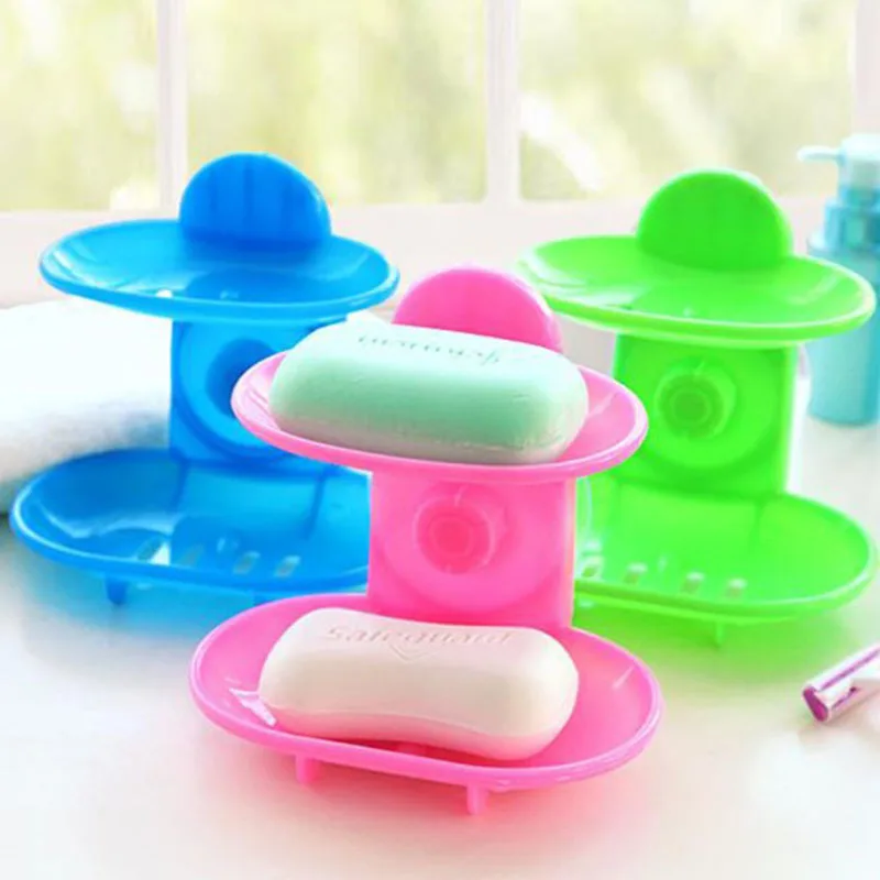 

Soap Draining Holder Bathroom Sucker Durable Double Layers Strong Sucker Convenient Soapbox Sponge Storage Rack New Soap Dish