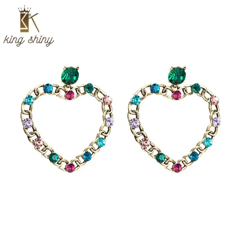 

Vintage Multi Color Rhinestone Heart Shaped Dangle Earrings Elegant Hollow Chain Drop Earrings Woman Party Ear Jewelry Brincos