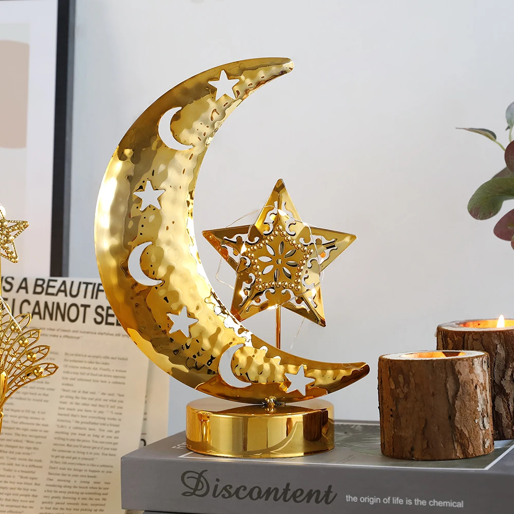 

EID Mubarak LED Moon Star Metal Crafts Ramadan Kareem Islamic Muslim Festival Party Decor Eid Candlestick Gifts Home Ornaments