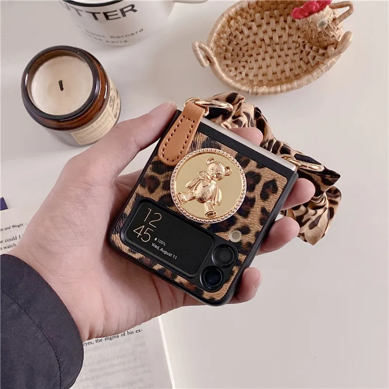 woman sexy leopard print leather with cloth bracelet phone case for samsung galaxy z flip 3 5g cute gold bear bracket hard cover free global shipping