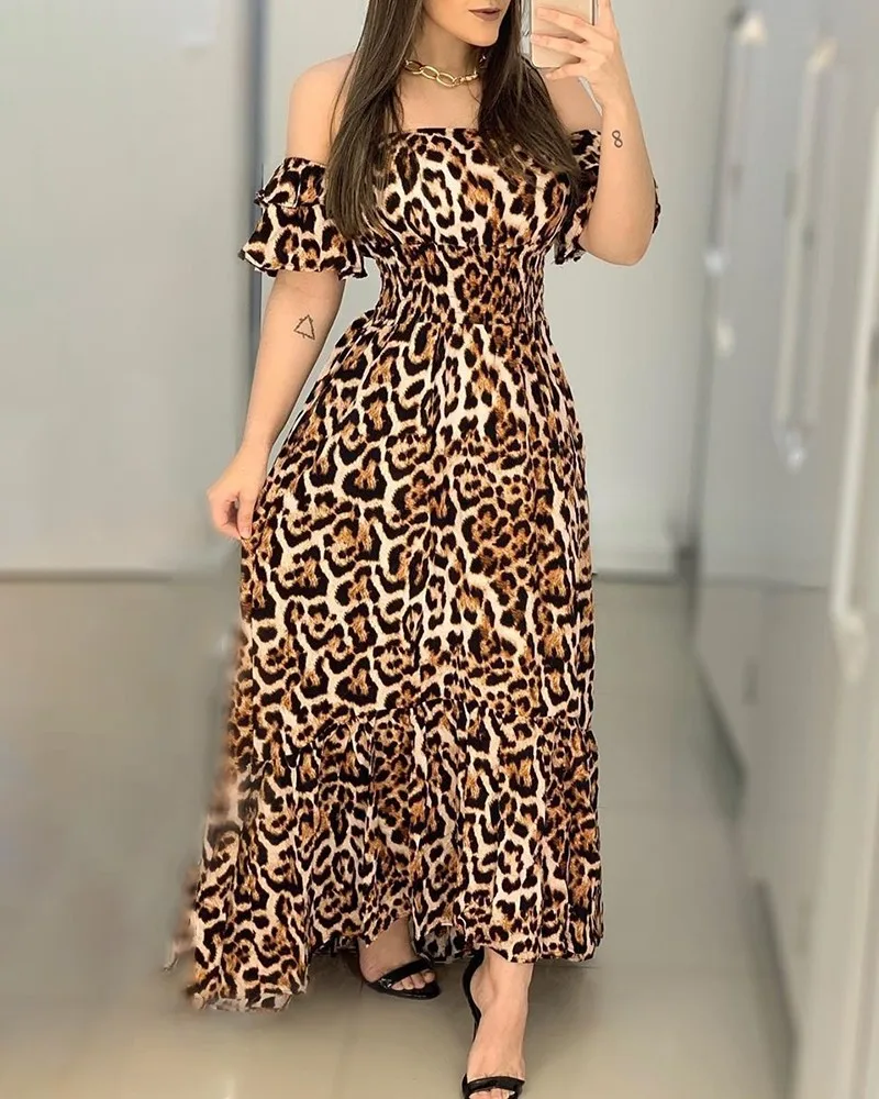 Женское Сексуальное Платье макси с открытыми плечами и леопардовым принтом