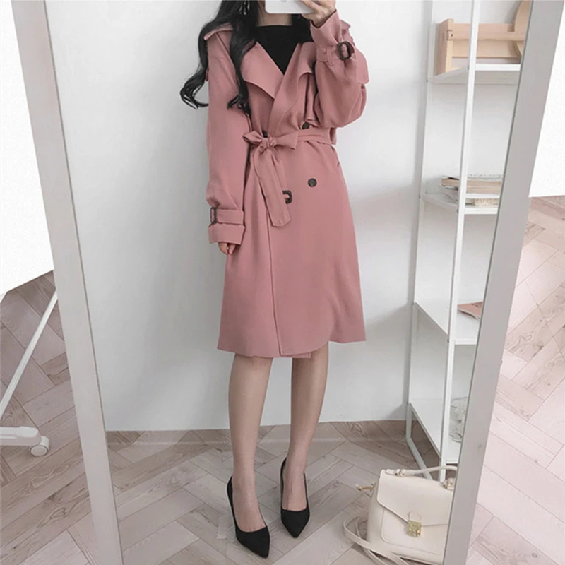 

LY VAREY LIN New Spring Autumn Office Lady Solid Color Jacket Coat Women Elegant Double Breasted Long Trench with Belt