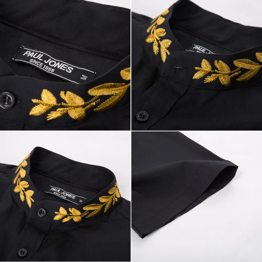 

Men Summer Shirts Fashion Vintage Stand Collar Shirt Tops Short Sleeve Embroidery Decorated Curved Hem Cocktail Party Shirt