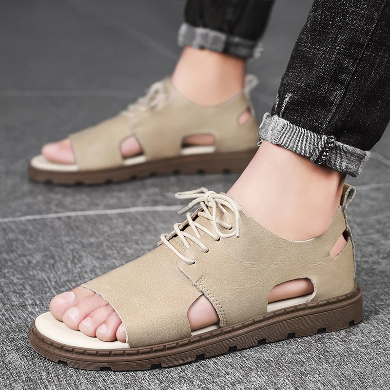 

Men's Summer Sandals Open Toe Leather Lace Up Hollow Flat Sandals Comfortable Soft Bottom Anti Slip Casual Sandals Black Sandy