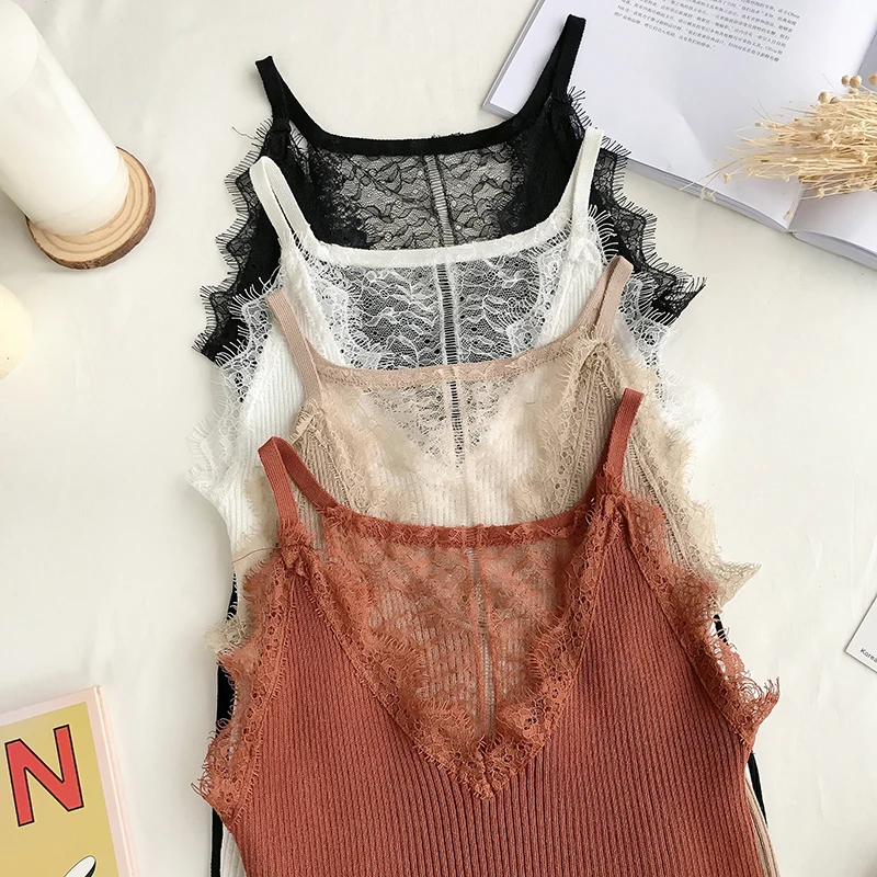 Женская майка из вязаного цветочного кружева однотонная с v-образным вырезом