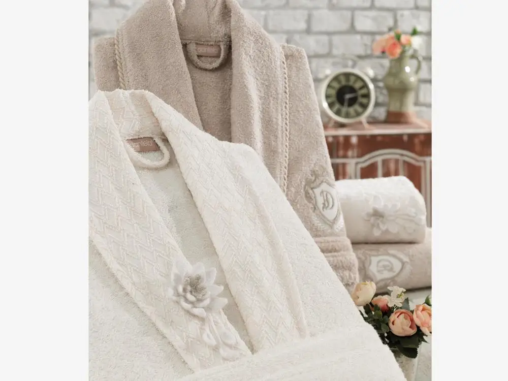 

Lotus Mesh Collar 3d Embroidered Bamboo Bathrobe Set Cream Stone