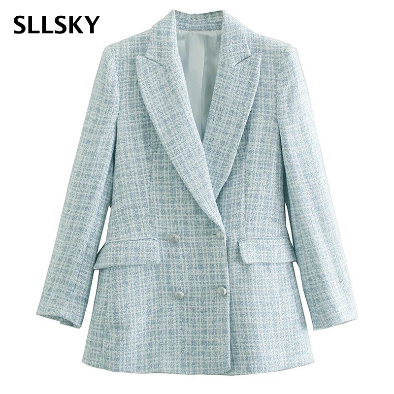 

SLLSKY 2021 New Woman Suit Jacket Tweed Blazers Women Double Breasted Long Sleeve Plaid Outwear Coat Ladies Checkered Blazers