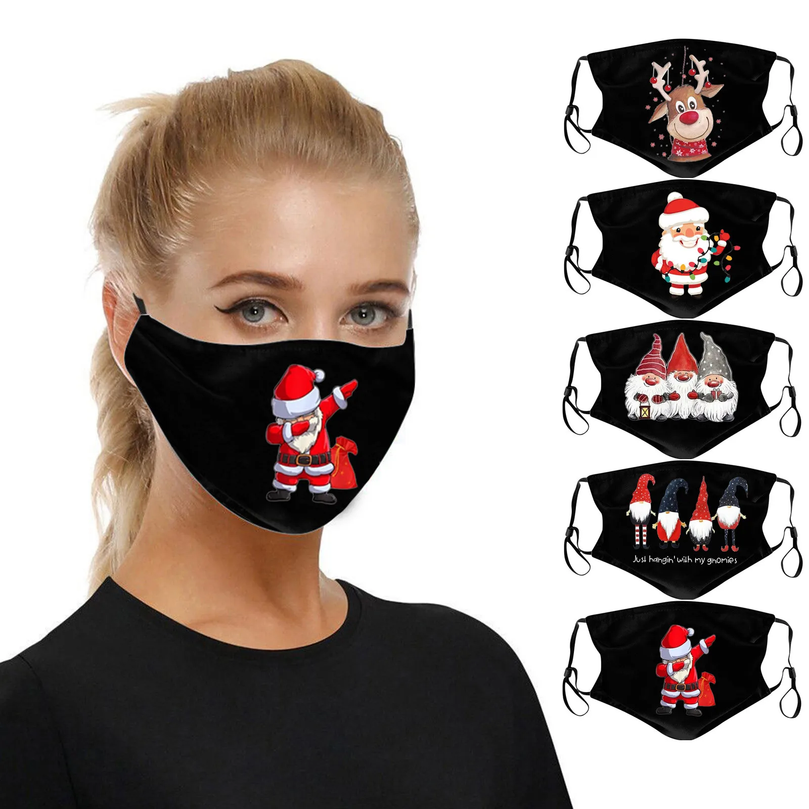 

5pc Adult Christmas Printing Face Mask Washable Mouth Fabric Facial Mask For Protection Reusable Santa Earloop Mouth Caps Маска