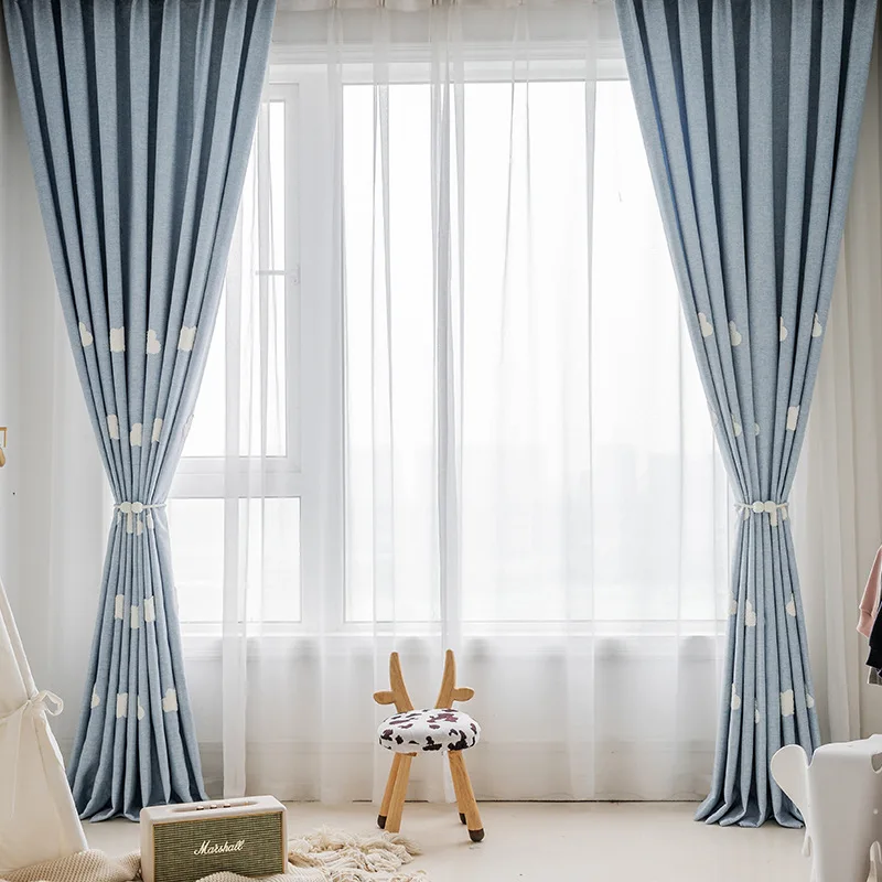 Embroidered Clouds Blue Cartoon Bay Window Bedroom Living Room Children Boys And Girls | Curtain