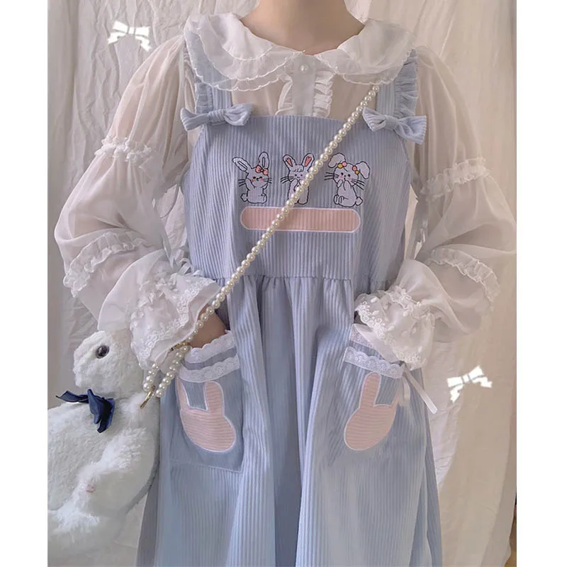 

Japanese Mori Girl Lolita Kawaii Corduroy Dress Vintage Harajuku Cute Rabbit Bow-Knot Strap Dress Bunny Pink Overalls Teens Girl