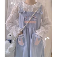 japanese mori girl lolita kawaii corduroy dress vintage harajuku cute rabbit bow knot strap dress bunny pink overalls teens girl