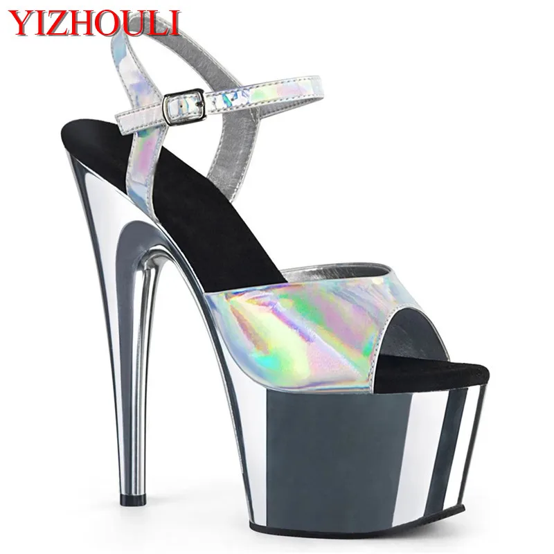 Summer sexy sandals, model nightclub 17 cm electroplated stiletto heels, shiny steel dancing shoes