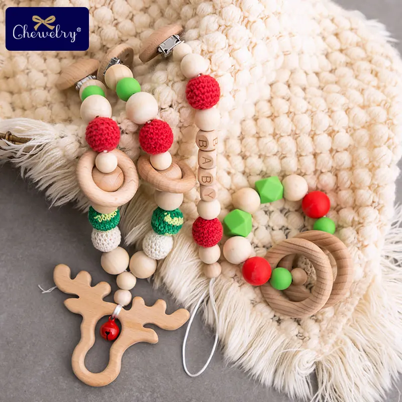 

1set/3pc Wooden Teether Baby Gym Pacifier Clip Chain Silicone Beads Rattle Baby Teether Rings Rodent Star DIY For Stroller Toys