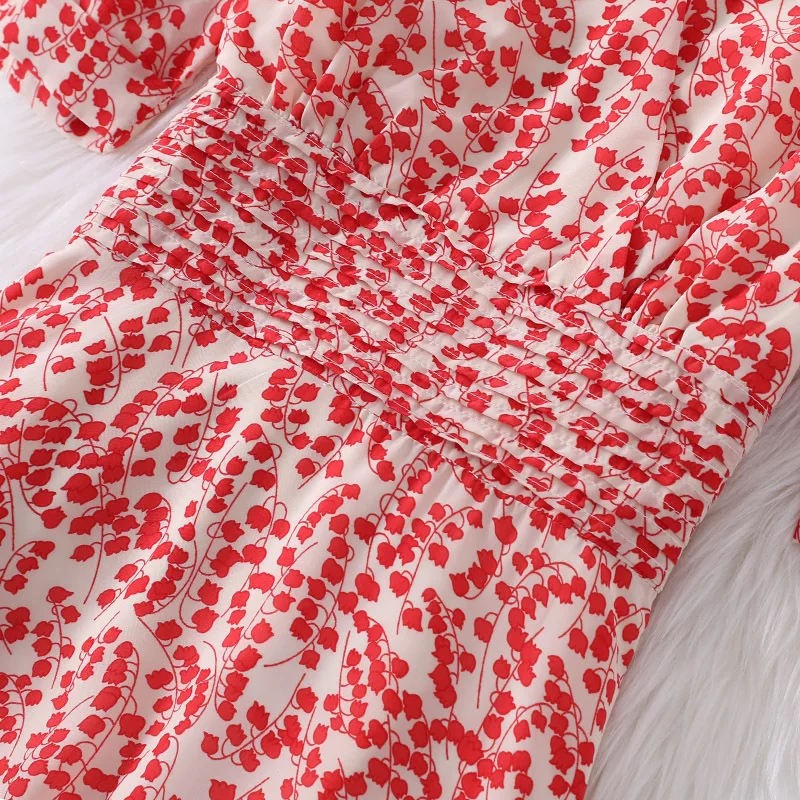 

Summer Printed Chiffon Dress New Fashionable Casual Red Yellow Deep V Neck Short Sleeve High Elastic Waist Clothing for Women