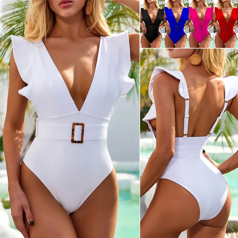 Women 2022 Swimwear Sexy Ruffle Bathing Suits Deep V High Cut Push Up Backless One Piece Swimsuits