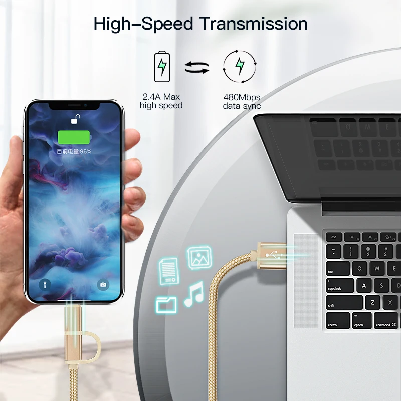 ! Кабель быстрой зарядки и передачи данных ACCEZZ 2 в 1 Micro USB 8pin для iPhone 7 8 Plus X iPad Mini Samsung