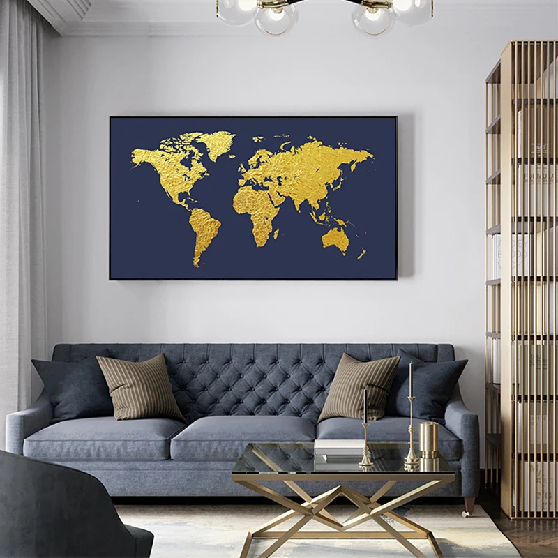 

Abstract Colorful Gold Foil Map Canvas Painting Creative Tableaux Fashion Wall Art Picture for Living Room Big Poster and Print