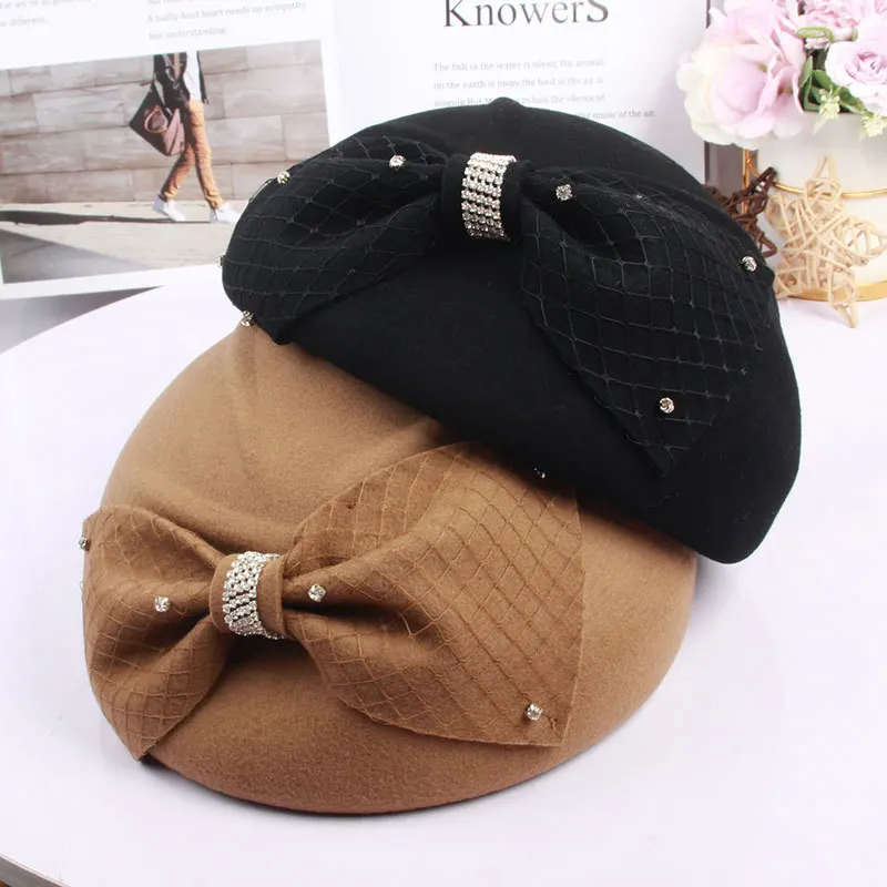

Autumn And Winter White Gauze Cloth Berets Female Han Edition Style Elegant Bow Buds Small Dome Hat In England Cap