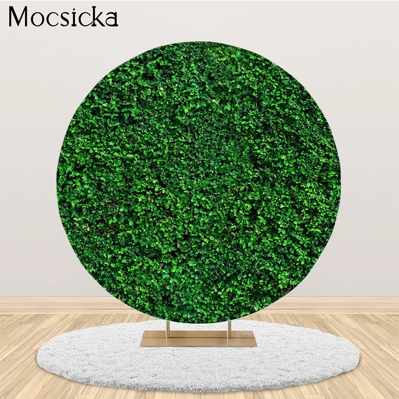 

Mocsicka Round Circle Photography Backdrop Cover Green Leaves Grass Wall Happy Birthday Background Baby Christening Decorations