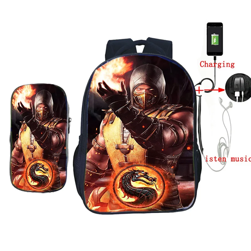 2 шт./компл. USB зарядка школьная сумка Скорпион в Mortal Kombat X маска рюкзак для