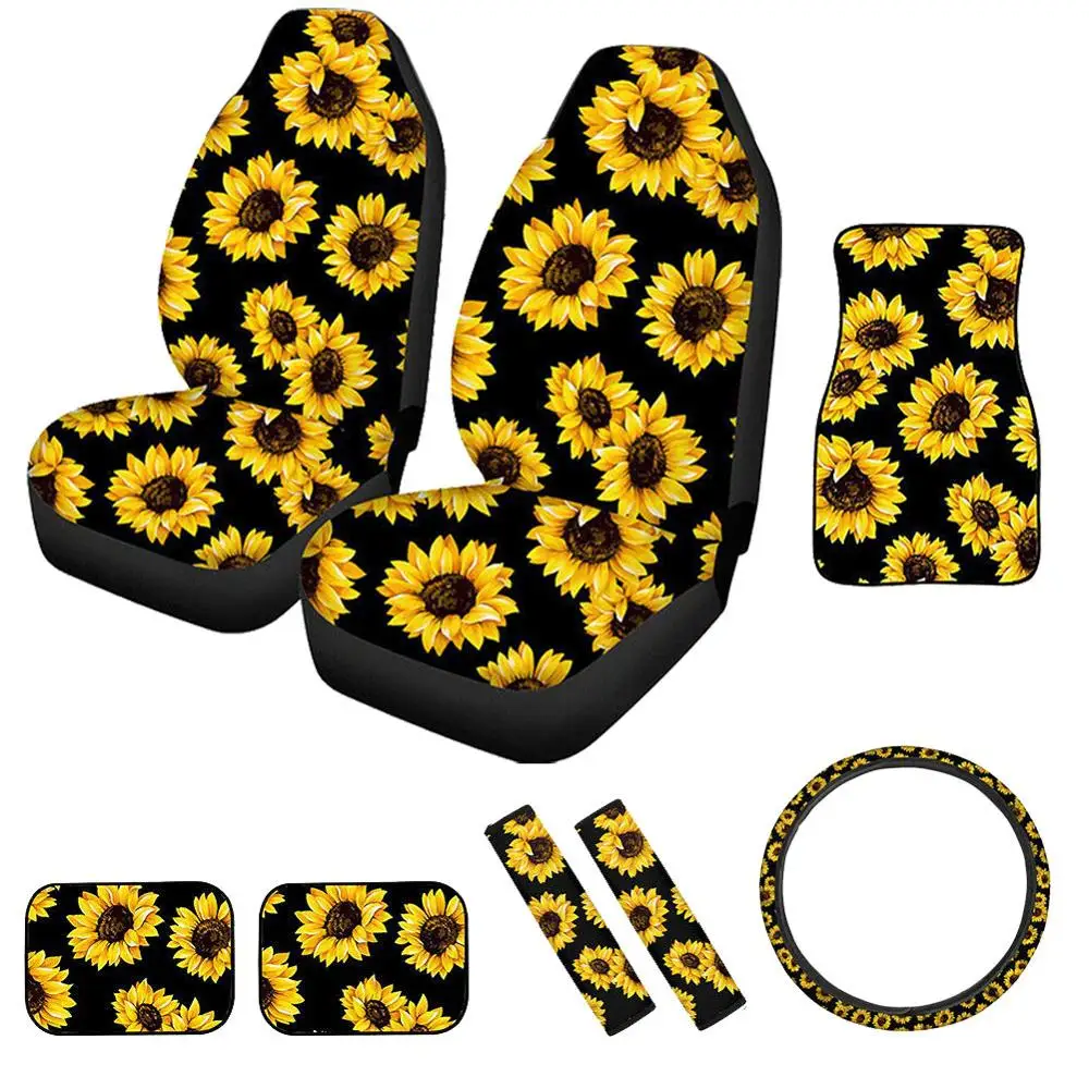 

10PCS Sunflower Car Accessories Set, Car Seat Covers,Steering Wheel Cover,Front&Rear Floor Mats,Seat Belt Pads,Armrest Lid Pad