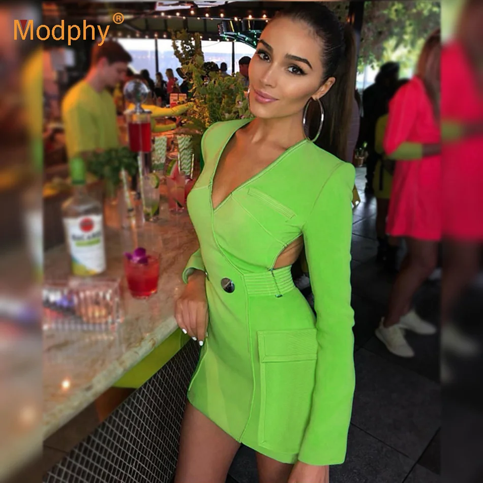 Женское Бандажное платье с длинными рукавами модное ФЛУОРЕСЦЕНТНОЕ зеленое