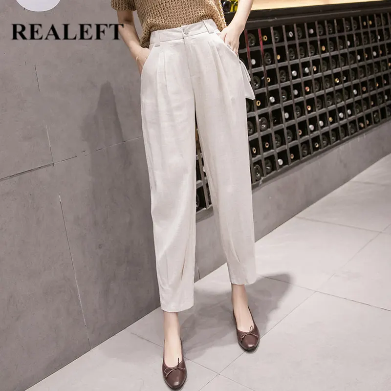 Женские льняные брюки REALEFT белые повседневные штаны-шаровары с высокой талией и