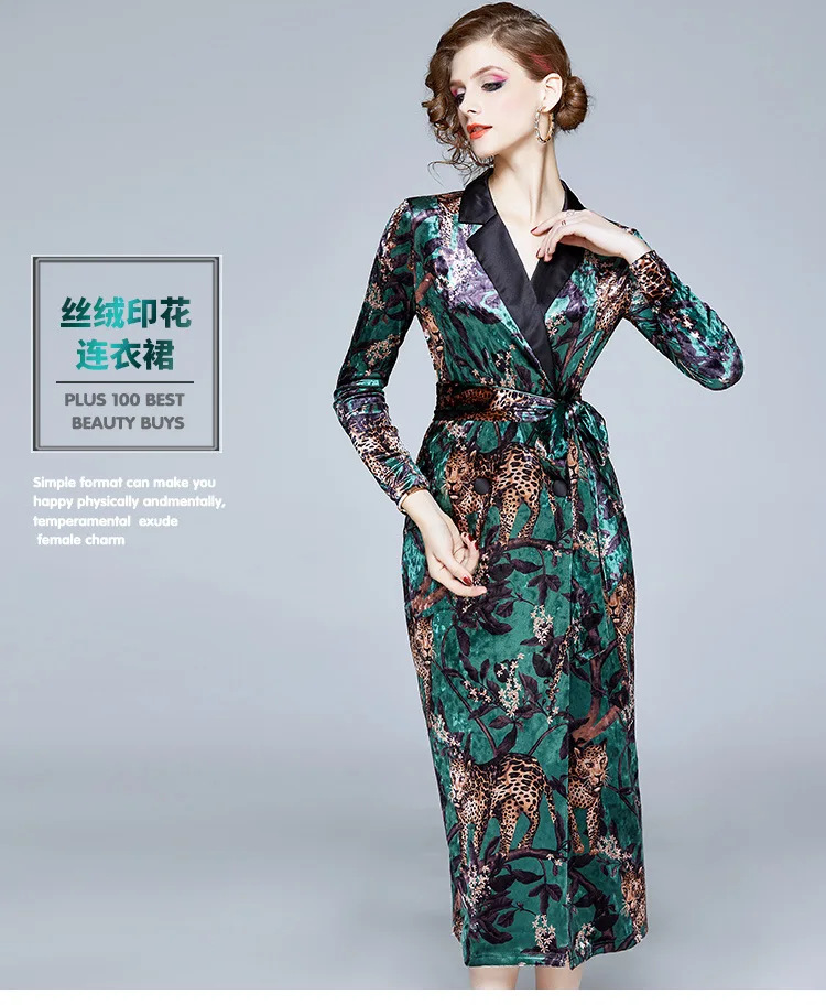 

2020 Spring Vintage High-Grade Silk Velvet Long Dress Women Long Sleeve Notched Collar Dresses Sashes Pleated Fashion Vestido