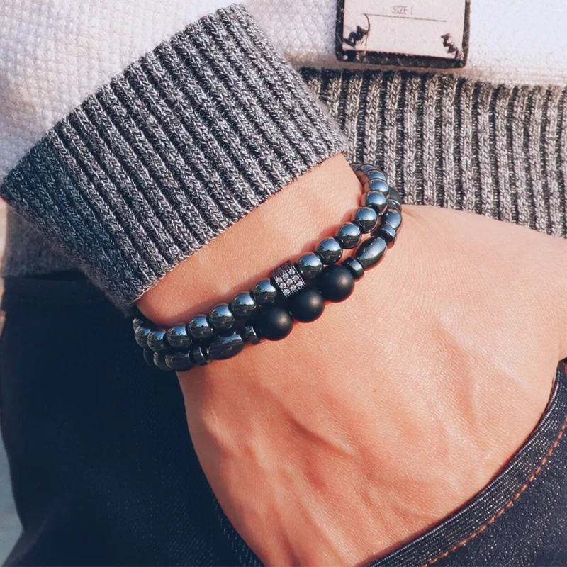 2 шт./компл. мужской кожаный браслет 2021 вымощенный набор черным цирконием Homme