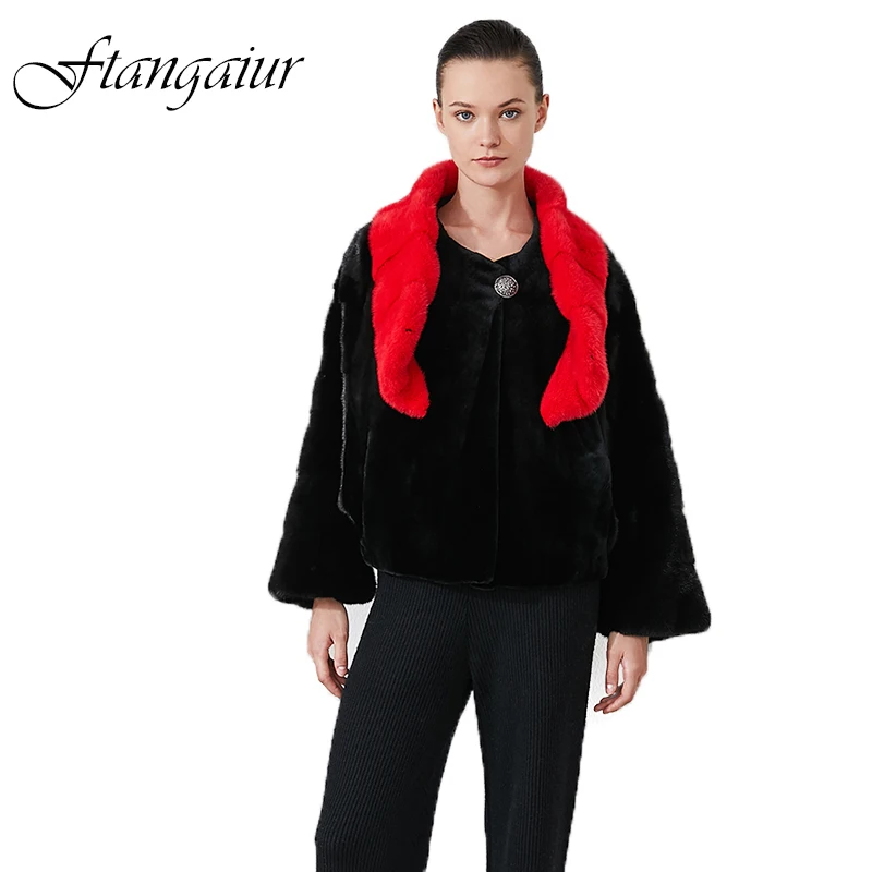 

Ftangaiur New Winter Imported Velvet Mink Fur Coat Patchwork red Collar Black Loss Mink Coat Women Short Real Mink Fur Coats