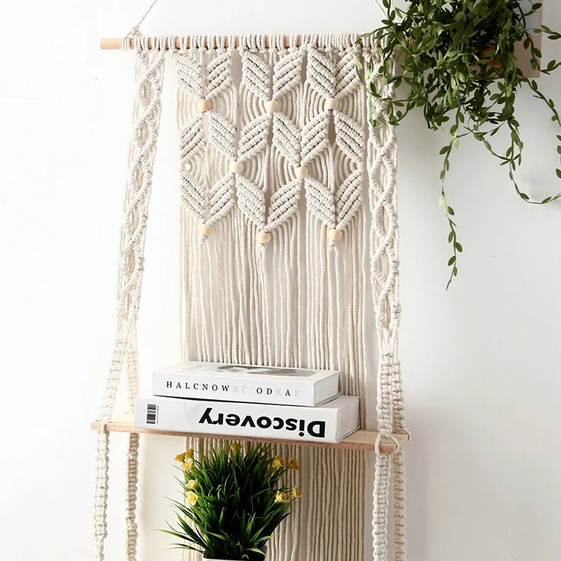 

Boho Macrame Wall Hanging Shelf 2 Tier Handmade Woven Tassel Tapestry Wood Wall Floating Hanger Home Decor