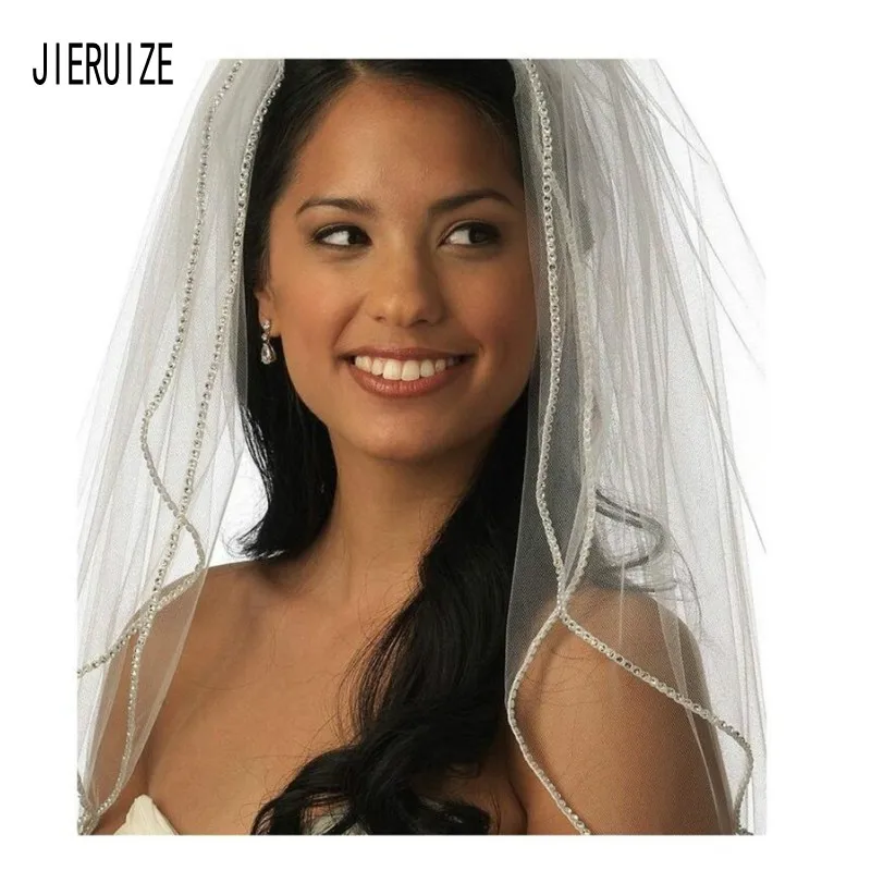 Свадебная фата с гребнем JIERUIZE Двухярусная Фата бисером и длиной до локтя