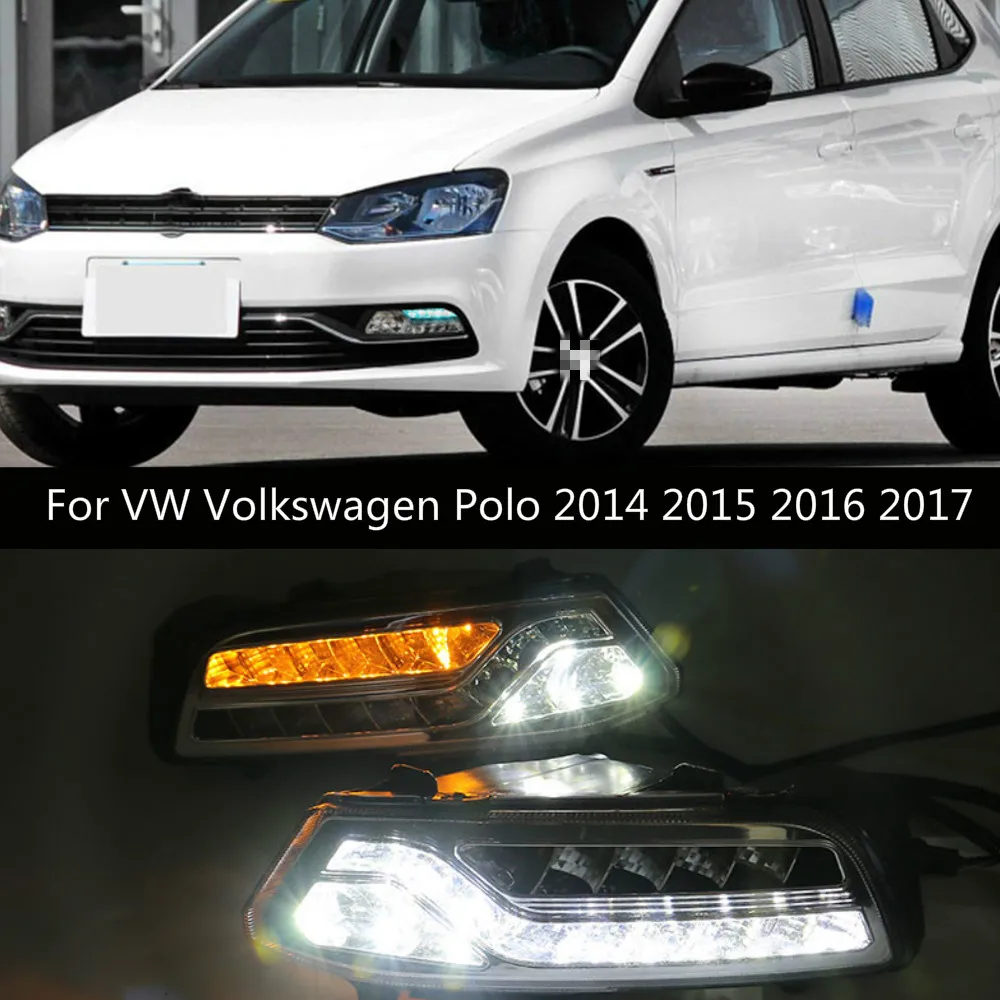 2Pcs for VW Volkswagen Polo 2014 2015 2016 2017 Daytime Running Light flow Yellow Turn signal LED DRL Fog lamp