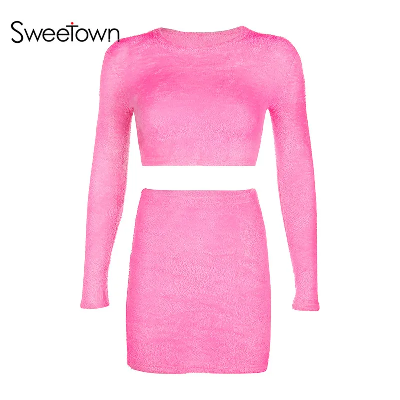 pink Sweetown розовый свитер с длинным рукавом, укороченный топ, мини юбка, комплект из двух предметов, Осень-зима, Модный женский спортивный костюм, Клубная одежда - Цвет: pink