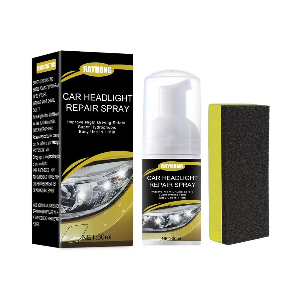 

Headlight Polish For Car Vehicle Headlamp Cleaning Spray With Sponge Headlight Renewals Yellowing Polish Spray Easy To Use 3