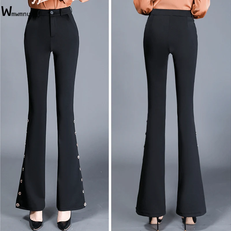 

Черные Облегающие офисные расклешенные брюки для женщин, повседневные Стрейчевые брюки с высокой талией и поясом-колоколом, деловые Облегающие расклешенные брюки с Боковым Разрезом