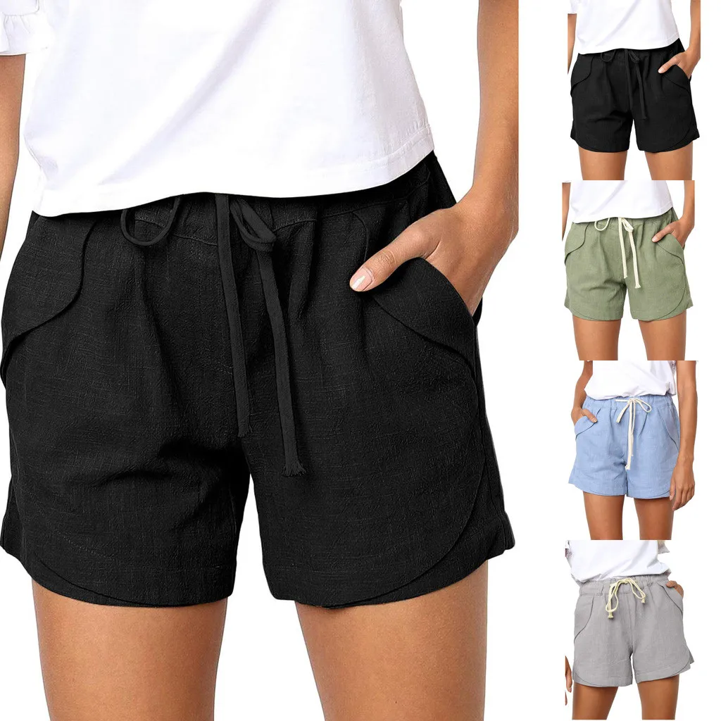 

Women's casual lace solid color cotton and linen shorts summer solid color pocket lace elastic waist shorts 40*