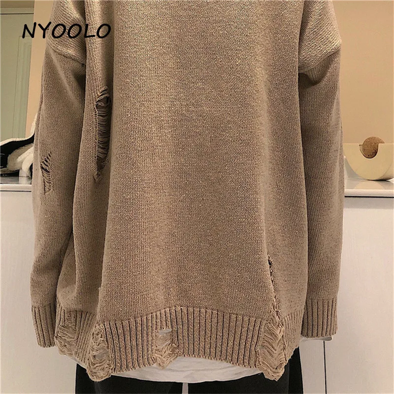 NYOOLO Casual street Bear jacquard destroyed hole knitted sweater Autumn winter loose O-neck warm pullover women men | Женская одежда
