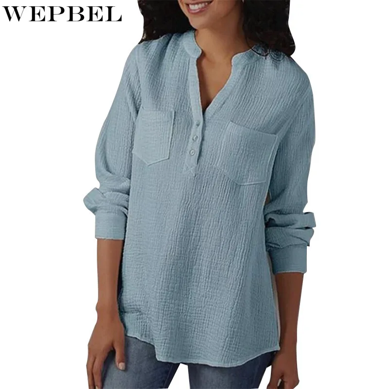 

WEPBEL Shirt Women's Casual Solid Color Buttons Pocket Stitching Shirt Autumn Loose V-neck Long Sleeves Pullover Shirt